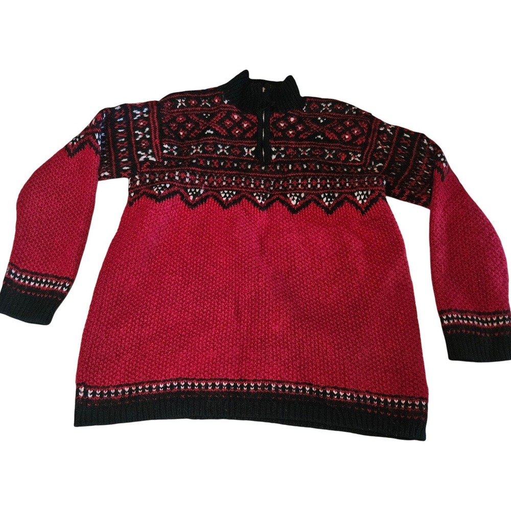 Jones New York Sport Red Wool Mohair Fair Isle Quarter Zip Sweater Large
